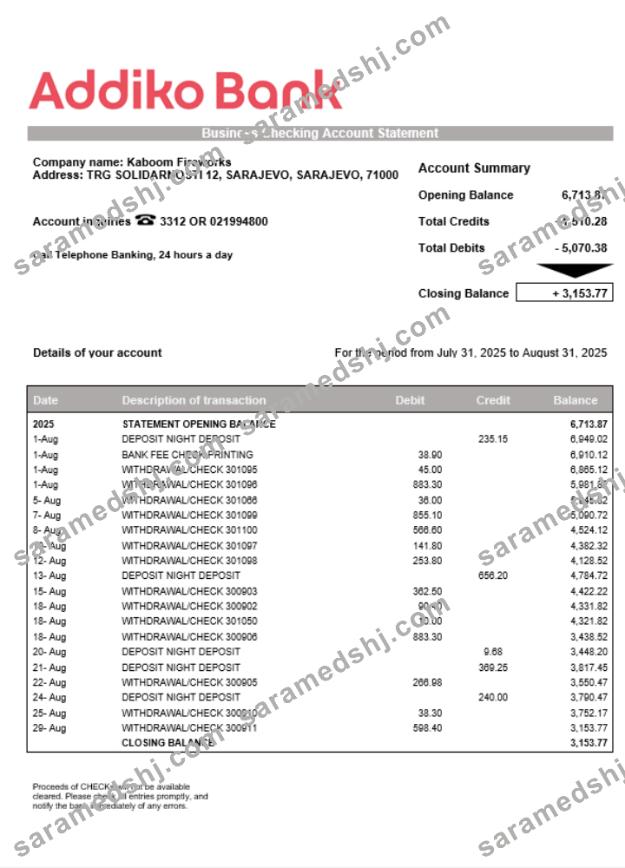 Bosnian Addiko enterprise account statement Word and PDF template